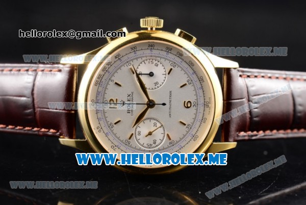 Rolex Pre Daytona Chronograph Venus 7750 Manual Winding Yellow Gold Case with White Dial and Brown Leather Strap Stick/Arabic Numeral Markers - Click Image to Close